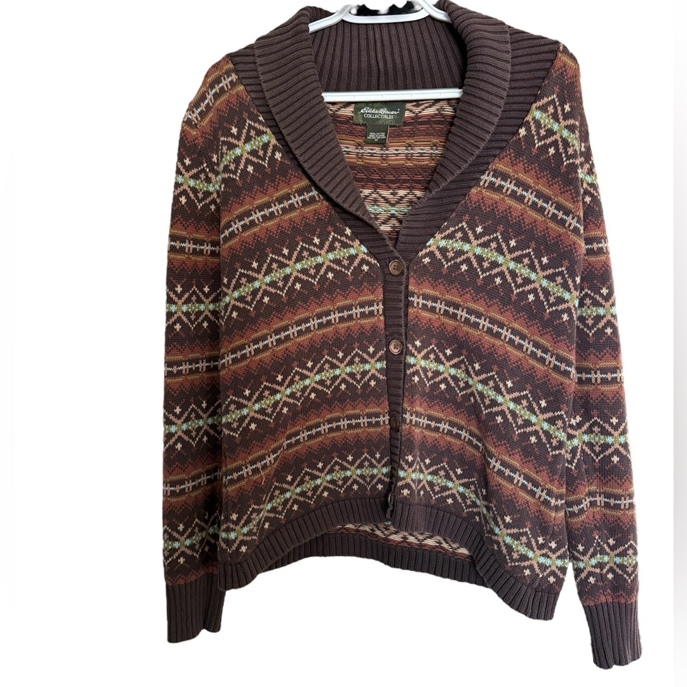Eddie Bauer Vintage Fair Isle Cardigan Sweater Cozy Cabin Grandpa Style Size M